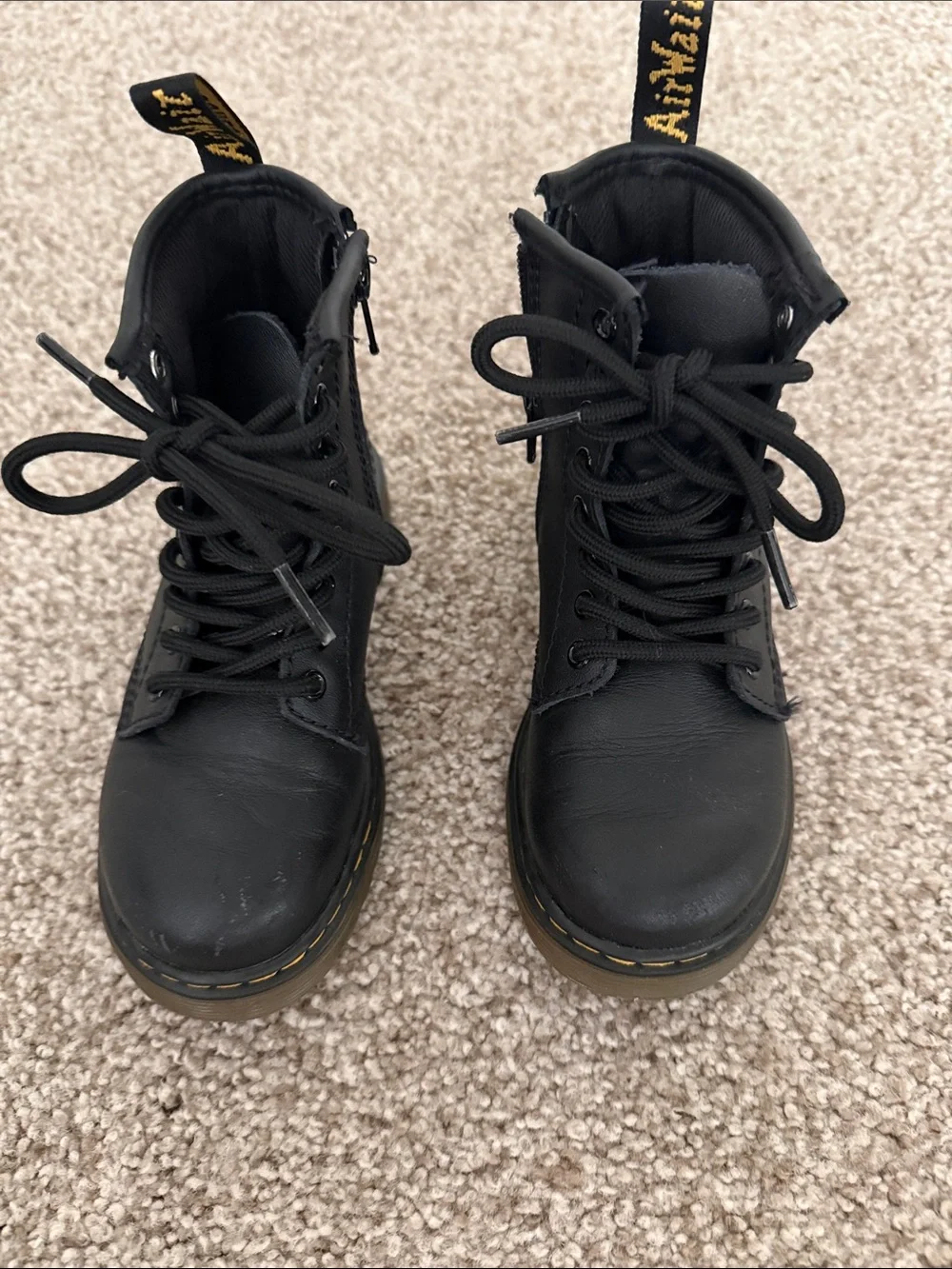 Dr. Martens Kids Black Lace-Up Ankle Boots with Yellow Stitching
